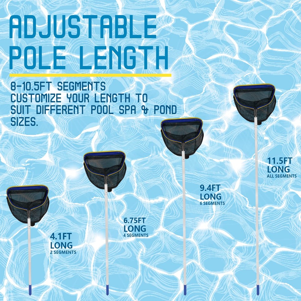 Pool Deep Skimmer Net with 3Ft - 10Ft 1.0Mm Thick Adjustable Aluminum Pole & Fin