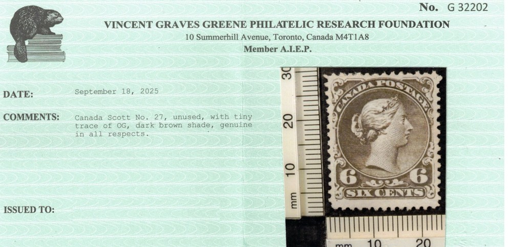Canada #27 Very Fine Mint Part Original Gum Hinged **With Certificate**
