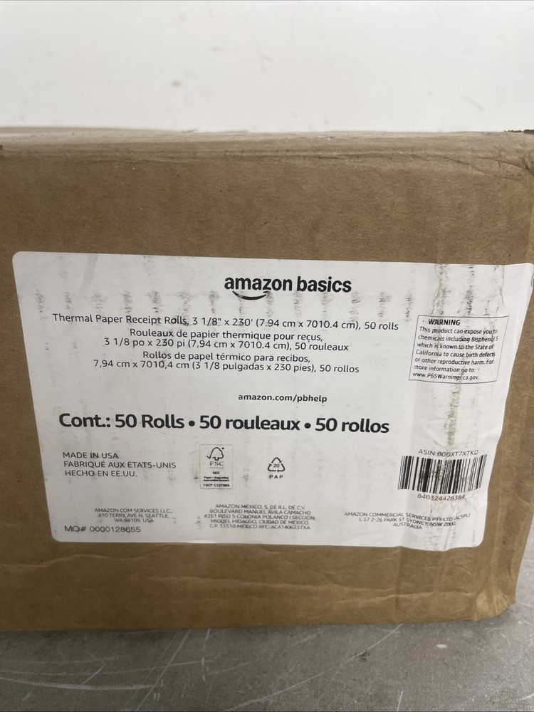 Amazon Basics Thermal Paper Receipt Rolls, 3 1/8" x 230', 50 Rolls