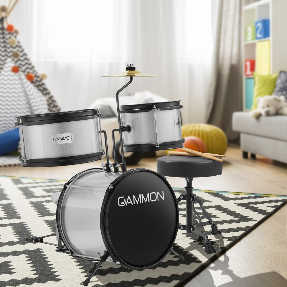 OPEN BOX - 3-Piece Junior Drum Set - Silver, Kit with Throne, Cymbal, Drumsticks