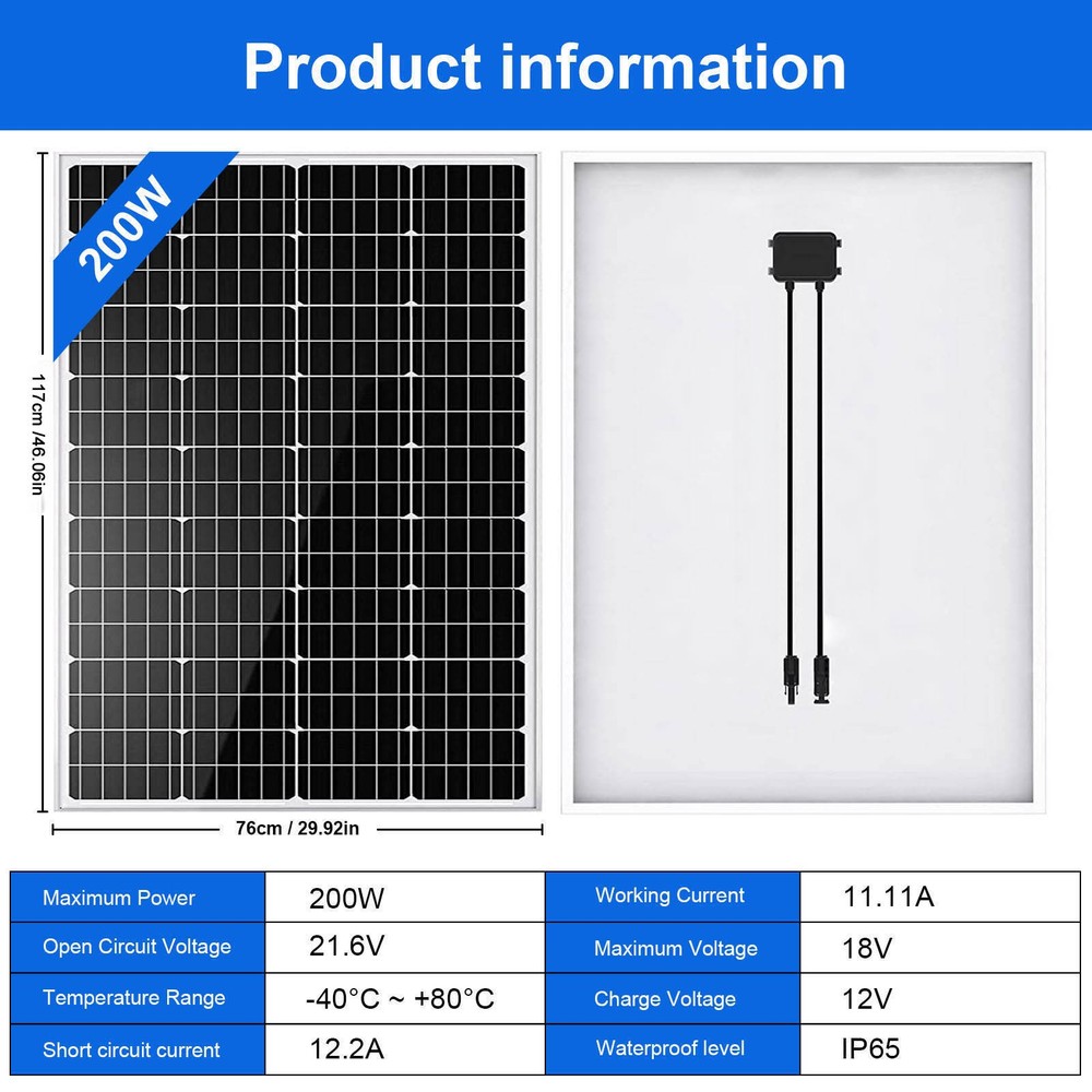 200W 12V Solar Panel High Efficiency Monocrystalline Marine Home Off-Grid Power