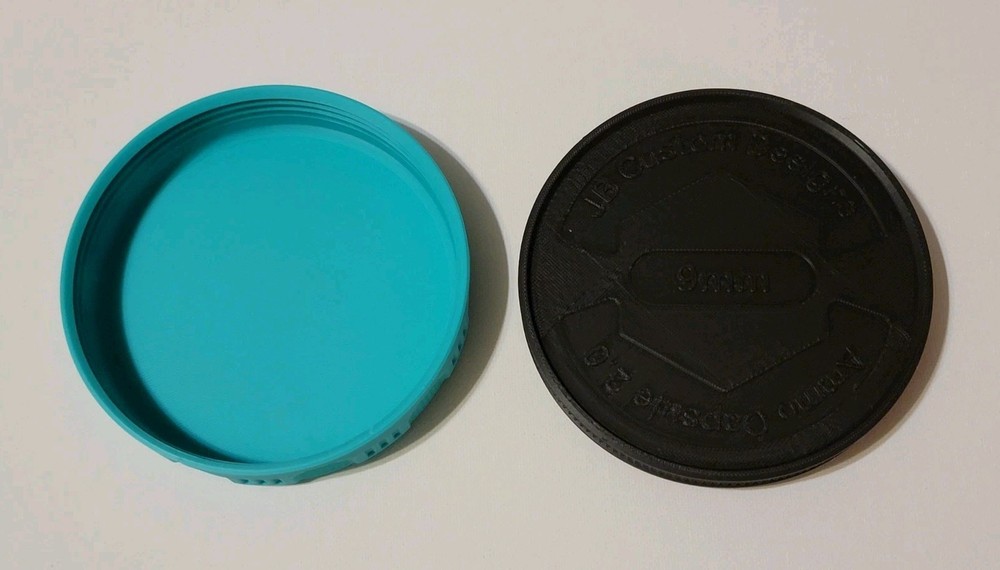 3D Printed Round 9mm Ammo Box screw on 55 rd Punisher Mint Green Black Stackable