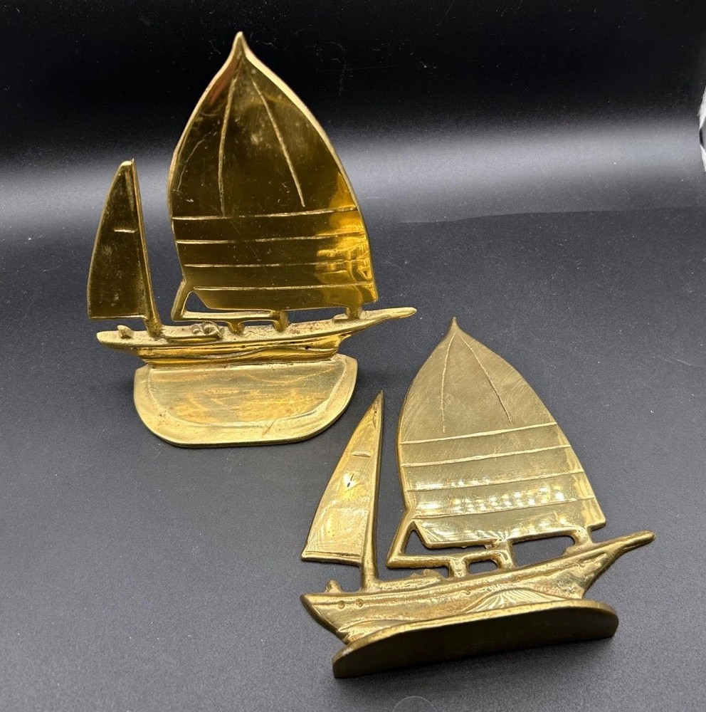 Solid Brass Sailboat Bookends Boat Set, Nautical Bookends Mid-Century