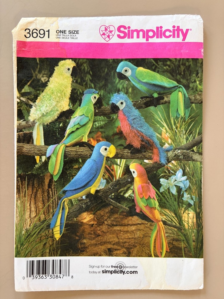 Simplicity Stuffed Parrots Pattern 3691 UNCUT