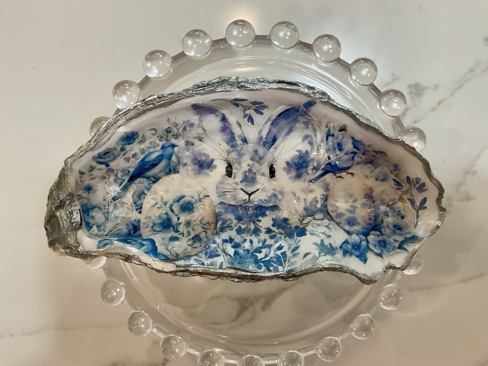 6.5”Oyster Shell Blue & White Bunny with Decorated Eggs