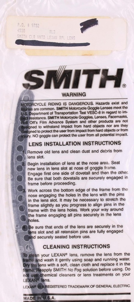 Smith Clear Vented Lexan Replacement Lens Part Number - RL3