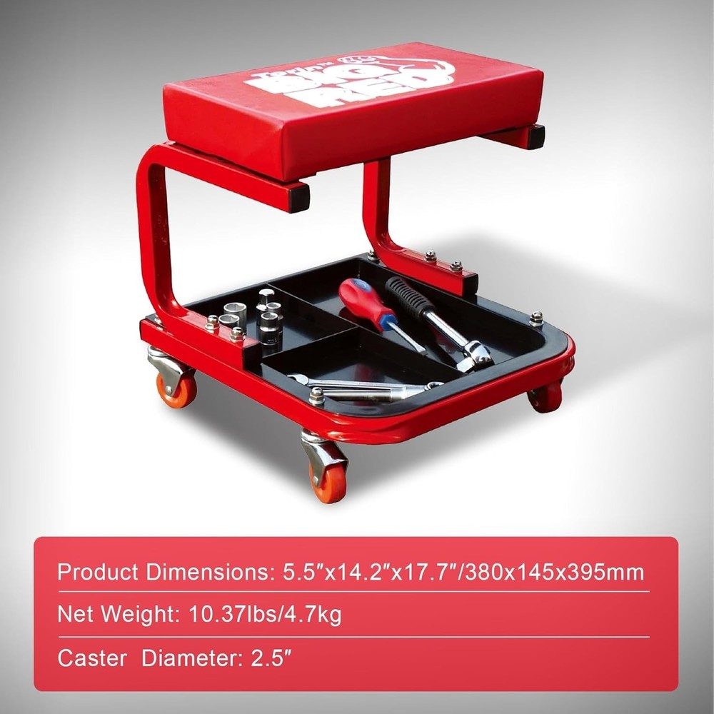 Comfortable Red Rolling Creeper Mechanic Stool with Tool Tray - 250 lbs Capacity