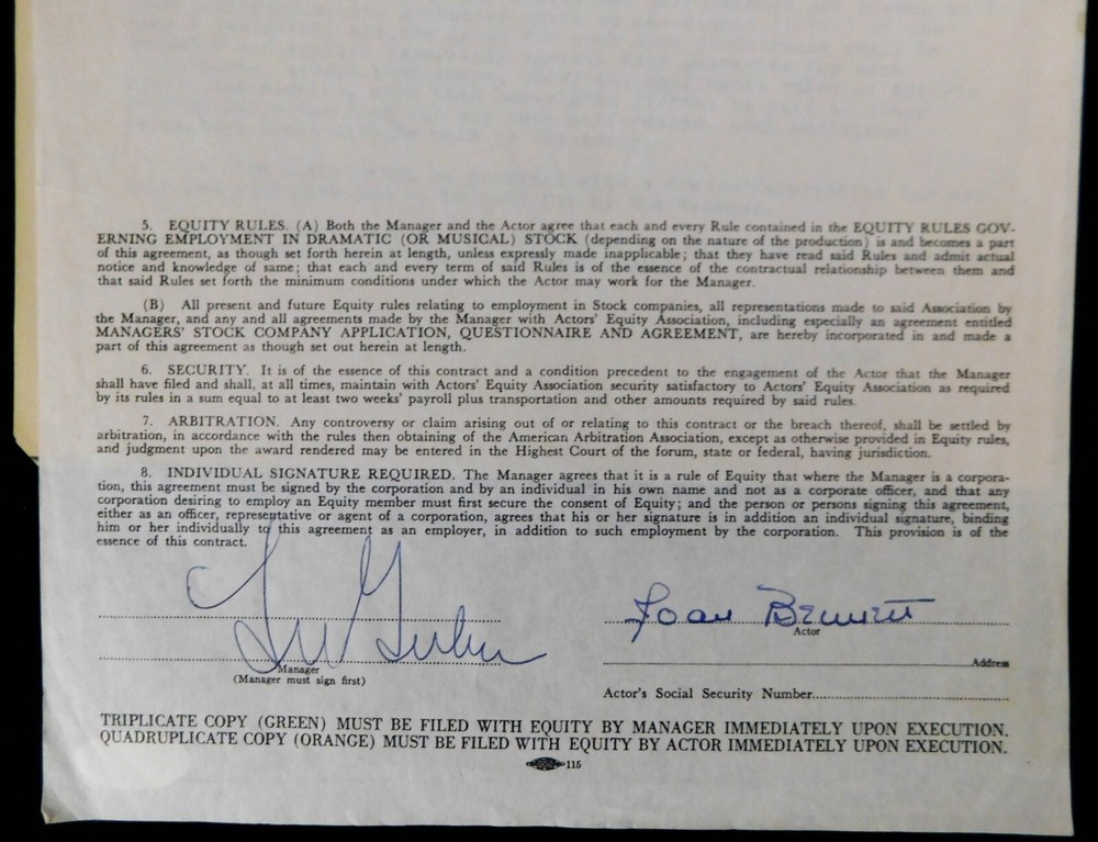 Joan Bennett Actress Signed Typed Never Too Late Contract JSA Authenticated