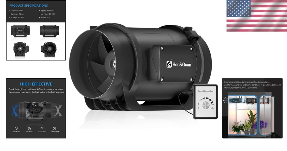 Quiet 6" Inline Fan 469 CFM Variable Speed Controller Energy Efficient Exhaust
