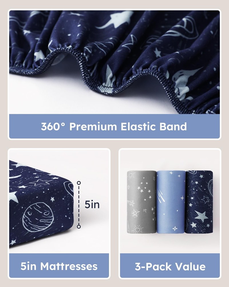Pack and Play Sheets Fitted 3 Pack, Sheets, Blue Gray Planet