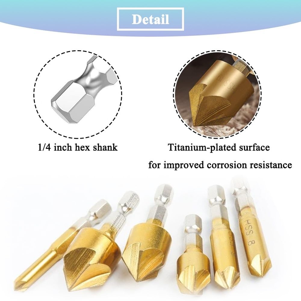 6Pcs 90 Degree HSS Countersink Drill Bit Set with 1/4'' Hex Shank 5 Flute...