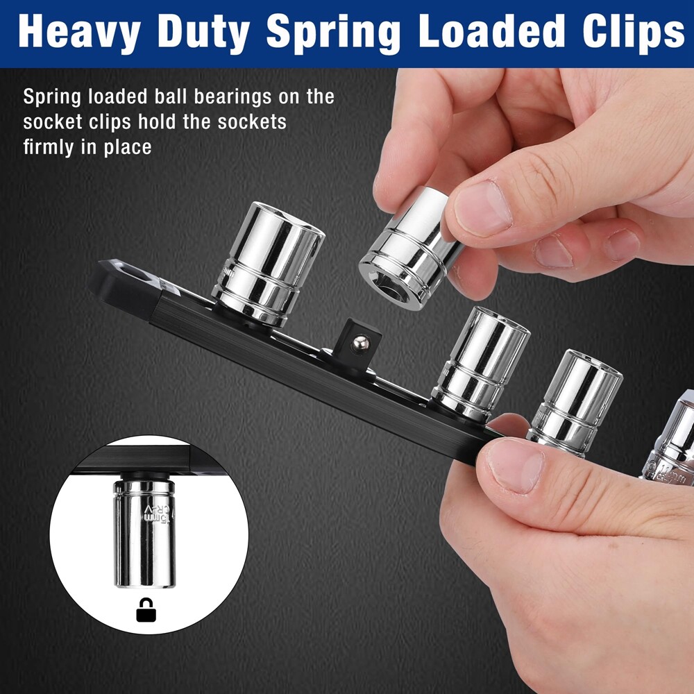 WORKPRO 3/8" Drive Magnetic Socket Organizer Aluminum Alloy Socket Rail 10 Clips