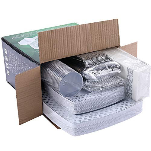175 Count Silver Dinnerware Set for 25 Guests, Silver Diamond Rim Plates