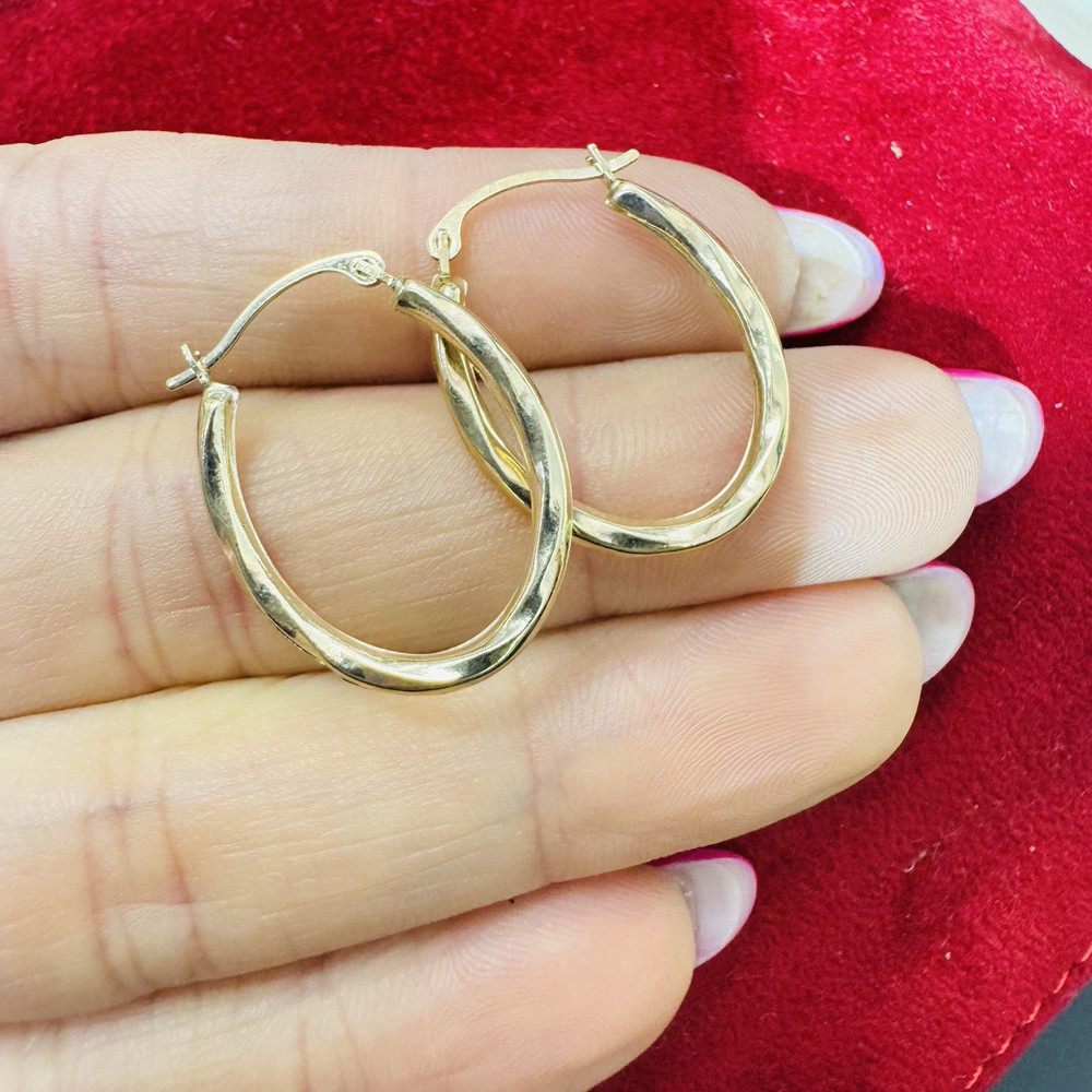 .90" Twisted Oval Solid 10K Yellow Gold Hoop Earrings