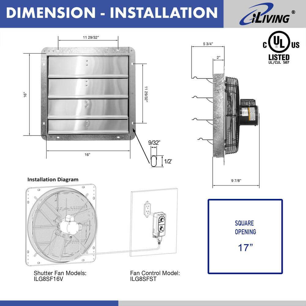 Shutter Exhaust Fan 16 in. Wall Mount Thermostat Variable Speed Control 1200 CFM