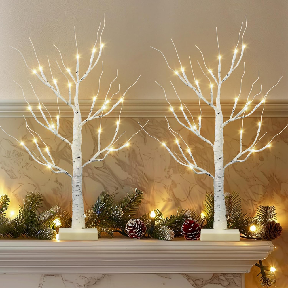 Valentines Day Decorations Indoor,2 Pack 2 FT White Lighted Birch Tree with Led