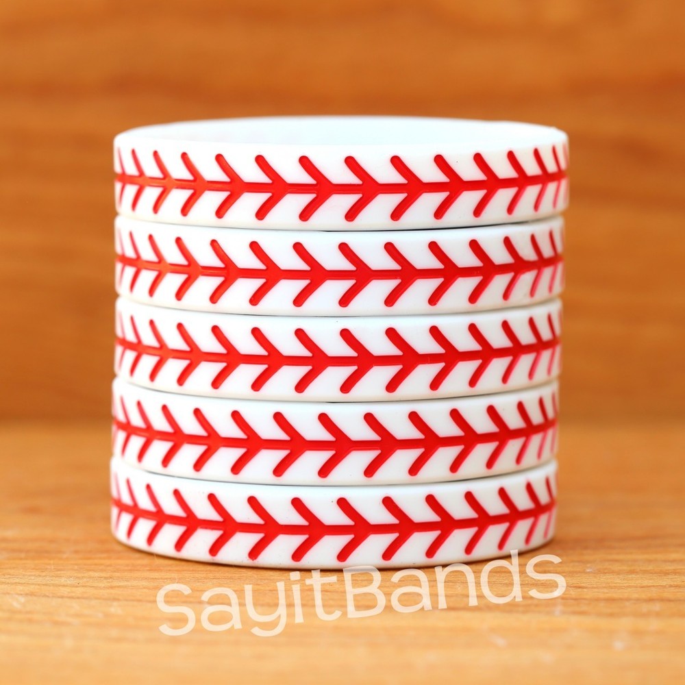 2 Baseball Silicone Wristband featuring Debossed Thread Pattern - Great Bracelet
