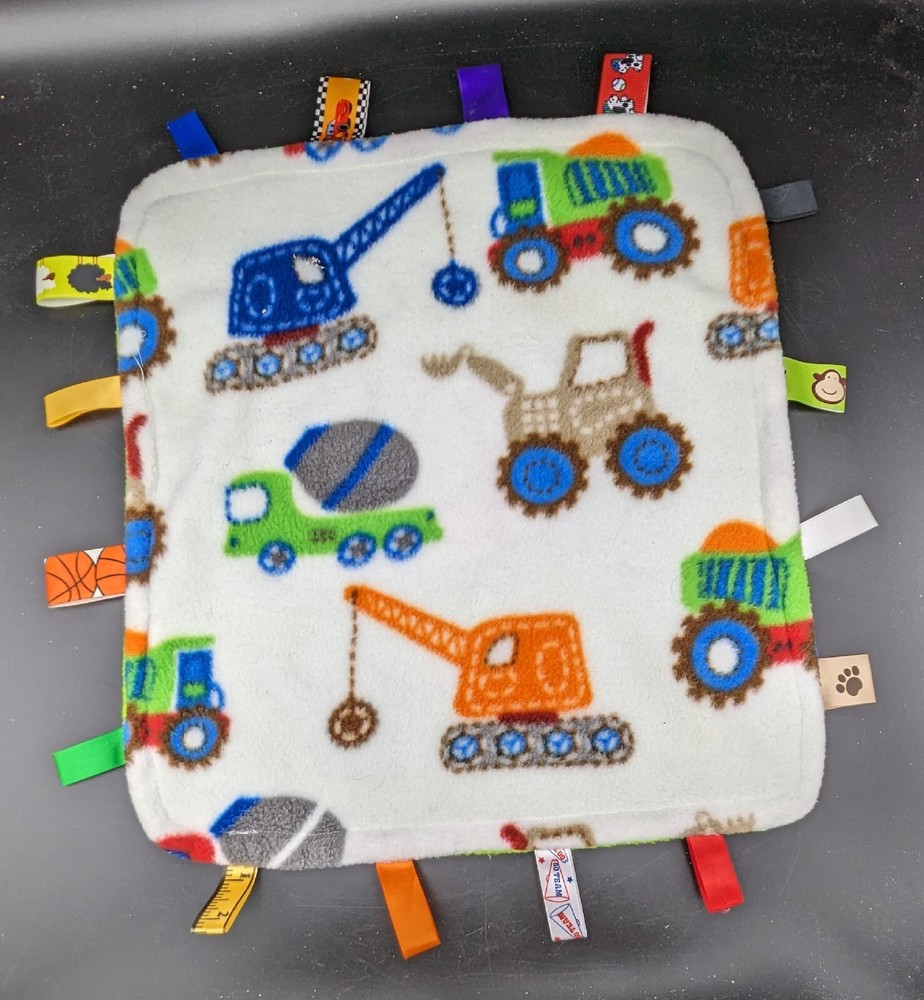 Construction Vehicle Security Blanket Fleece Lovey tags teething loops
