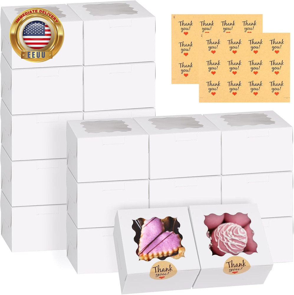 24Pcs White Cookie Boxes, 4X4X2.5 Inches Bakery Boxes with Window, for Mini Cake