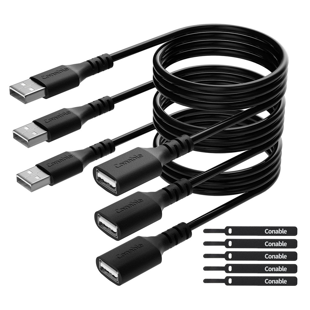 3 Pack USB Extension Cable 2 FT, Short 2.0 Type A 2FT (3 Pack), Black