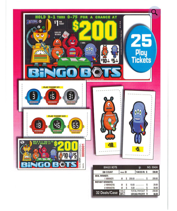 Pull Tab Ticket - Hard Card Tickets - Game -Pick Board - Bingo Bots