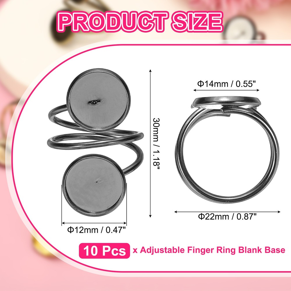 Ring Blank, 10 Pcs Adjustable Finger Ring Blank Base 12mm, Silver Black