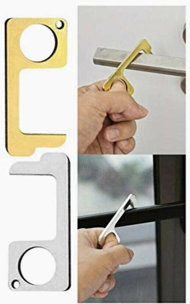 Contactless Brass Door Opener W/ Retractable Pull Reel Stepnpull Keychain GOLD