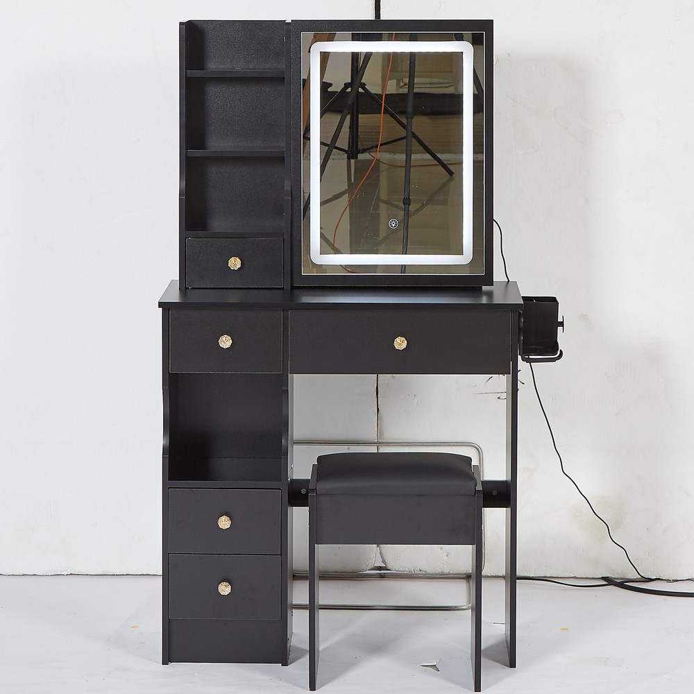 29.2" Small Size Left Drawer Desktop Vanity Table + Cushioned Stool, 2 AC+2 USB