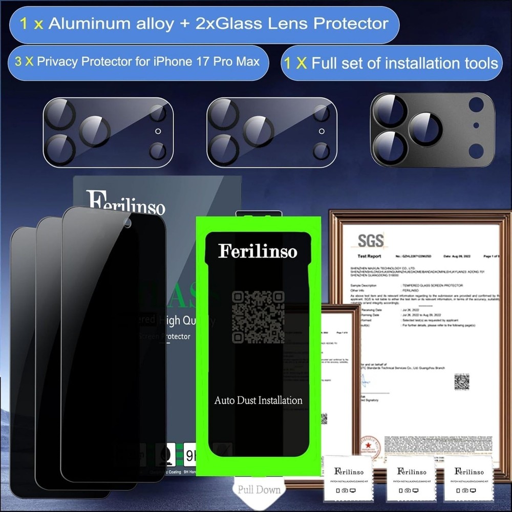 3 Pack Privacy Screen Protector & Camera Lens Protector for iPhone 17 Pro Max