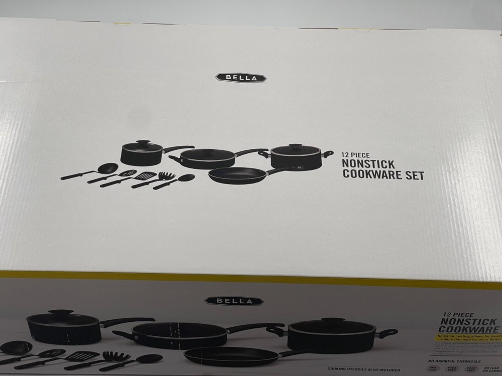 BELLA 12 Piece Nonstick Kitchen Essentials Cookware Set black New