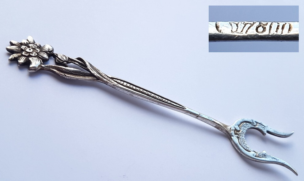 Fork/ Serving fork/ Lemon fork, Flower/ Edelweiss, 800 Silver, around 1900 L582