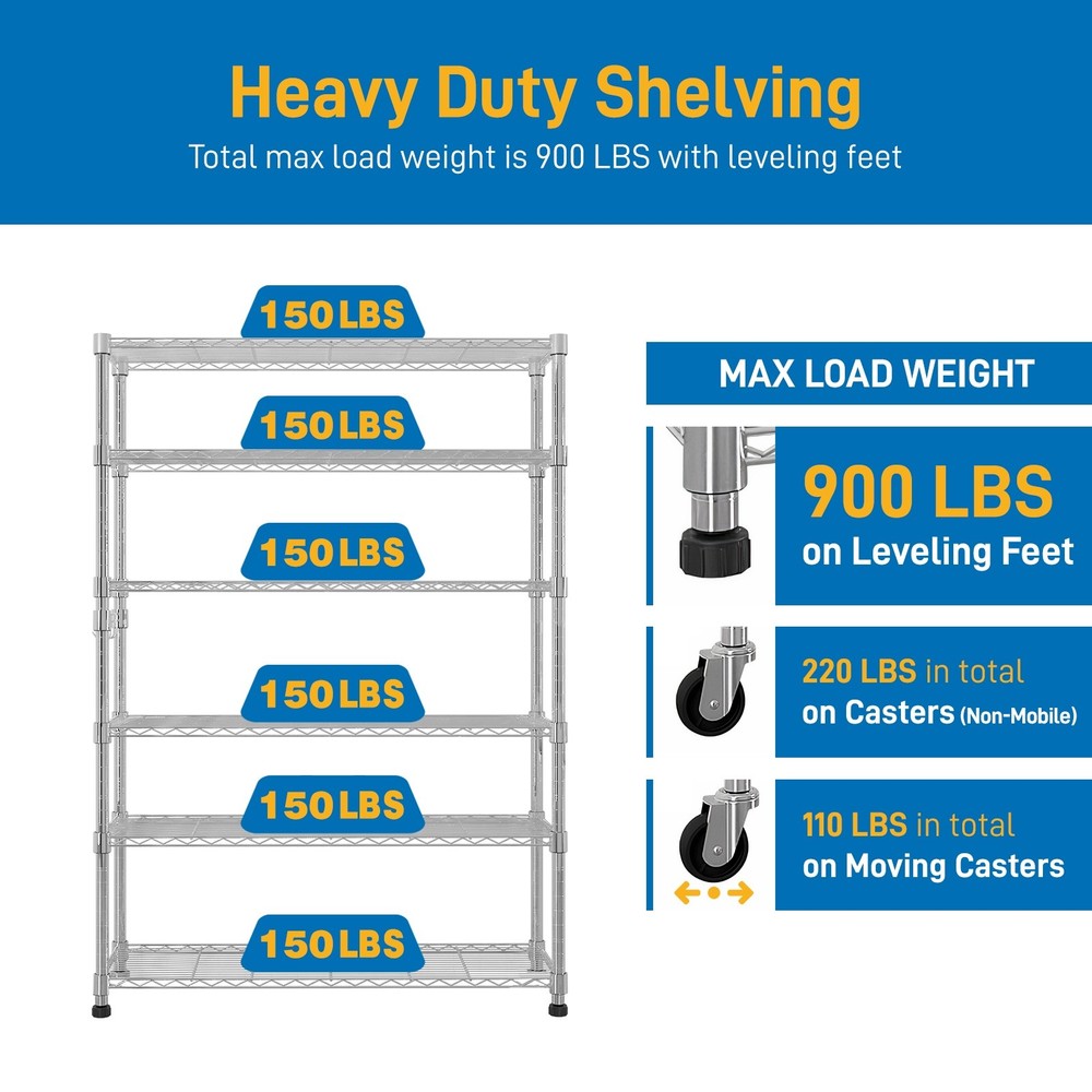 6-Tier Rolling Wire Shelving Unit - Heavy Duty, Adjustable, Silver & Hooks