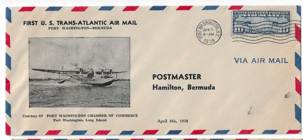 BERMUDA FIRST FLIGHT "PORT WASHINGTON,NY" 1938 2 DIFF POSTMARKS