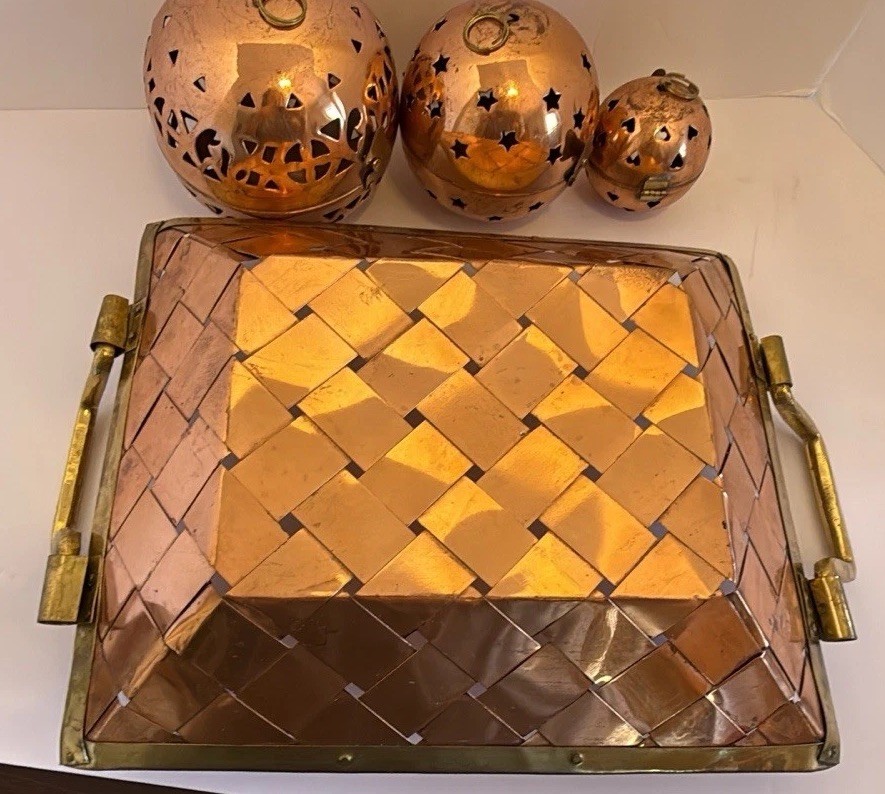 Woven Copper & Brass Tray With Three Hinged Decor Balls