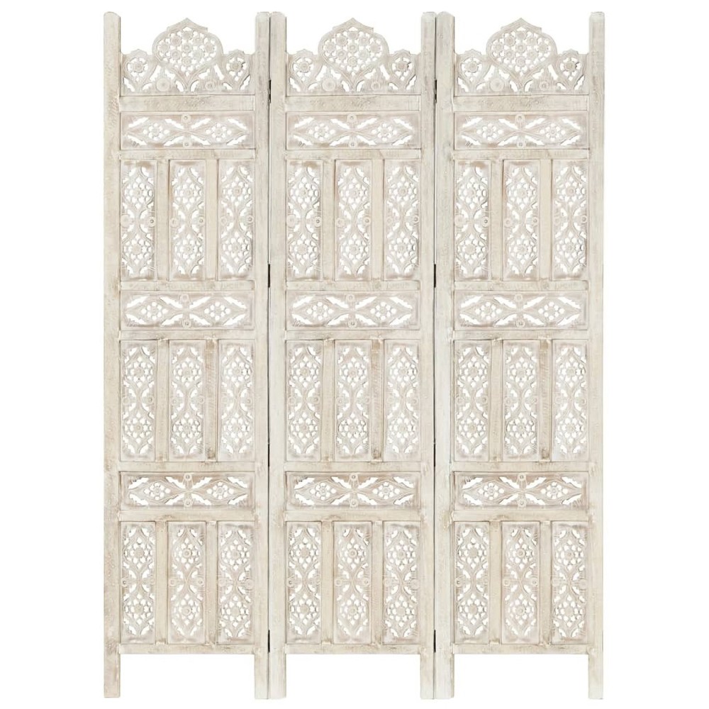 Hand carved 3-Panel Room Divider White 47.2"x65" Solid Mango Wood