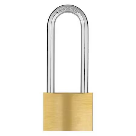 Padlock, Keyed Alike, Long Shackle, Rectangular Brass Body, Hardened Steel