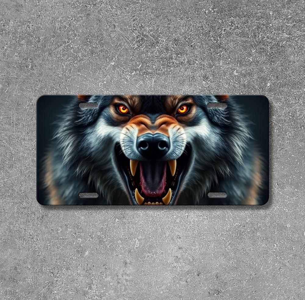 Fierce Wolf License Plate with Sharp Teeth Your Text Front Plate Special Gift