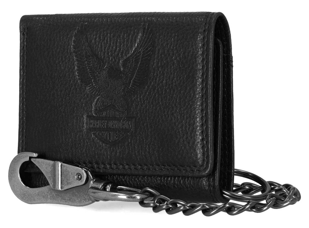 Harley-Davidson Men's Embossed Eagle Tri-Fold Snap Chain RFID Wallet, Black