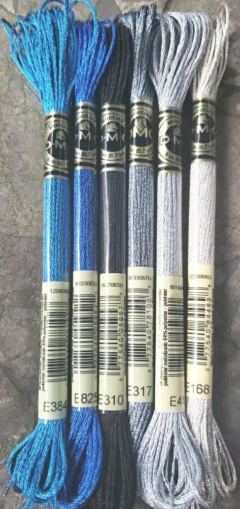 DMC Light Effects Embroidery Floss Set Blue Silver E3843 E825 E310 E317 E168 415