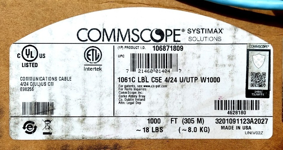 NEW! Commscope 1061C 4/24 U/UTP Systemax PowerSUM Communications Cable 346 ft