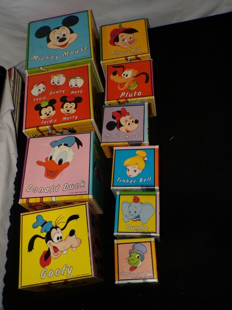 Old Walt DISNEY Stacks Stacking Boxes Blocks Jiminy Cricket Dumbo Tinker Bell