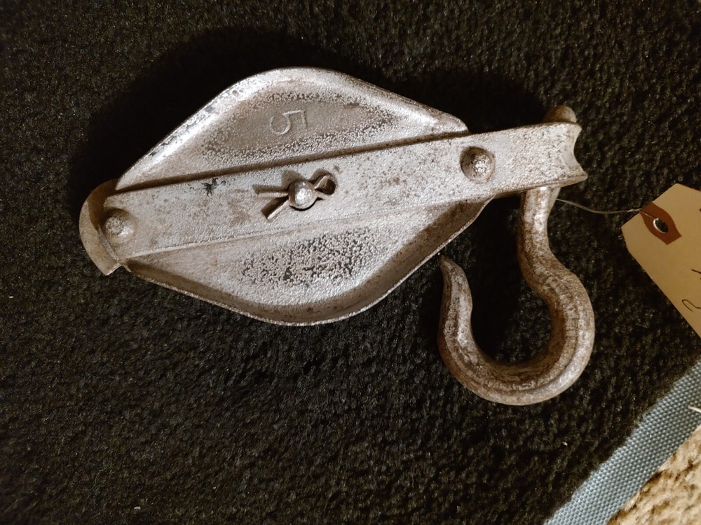 Hoist pulley possibly Crosby marked 5 with hook