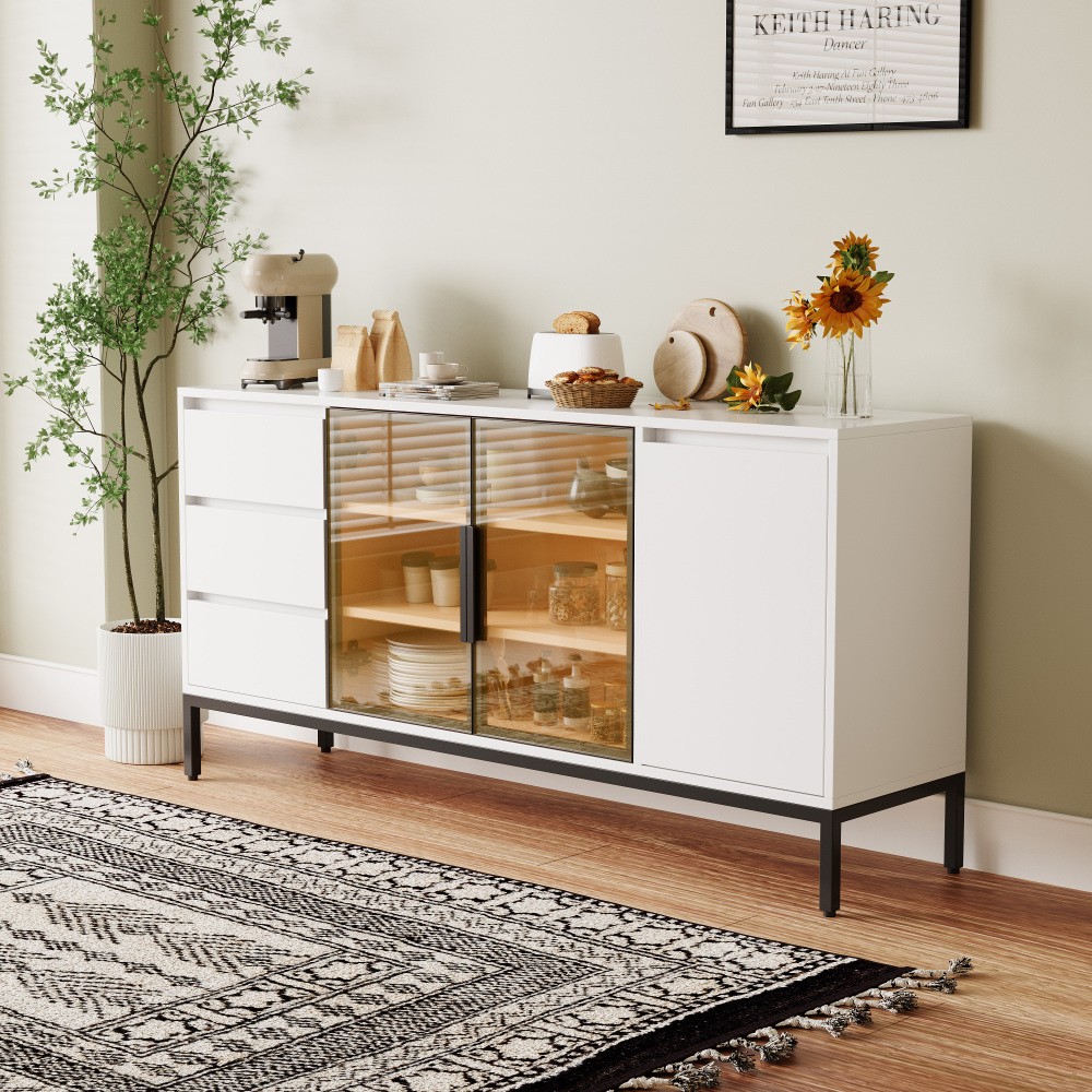White Buffet Cabinet - Storage, Doors + 3 Drawers, Pantry/Console for Kitchen