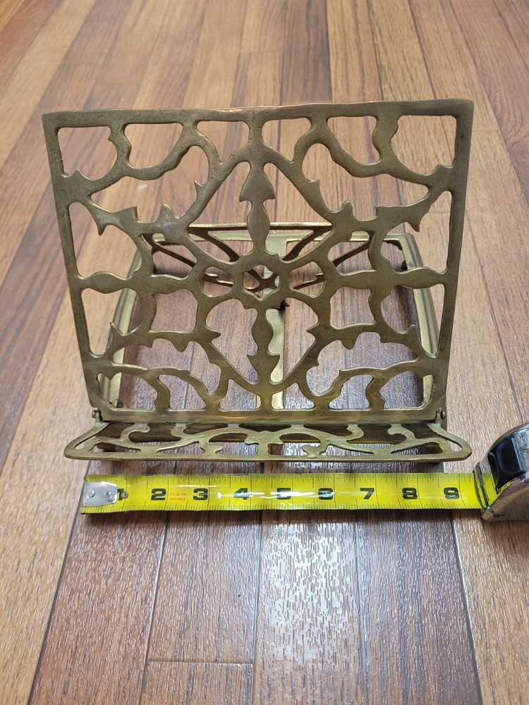 Vintage Ornate Brass Metal Book Stand, Adjustable & Foldable, Rectangular, 9"