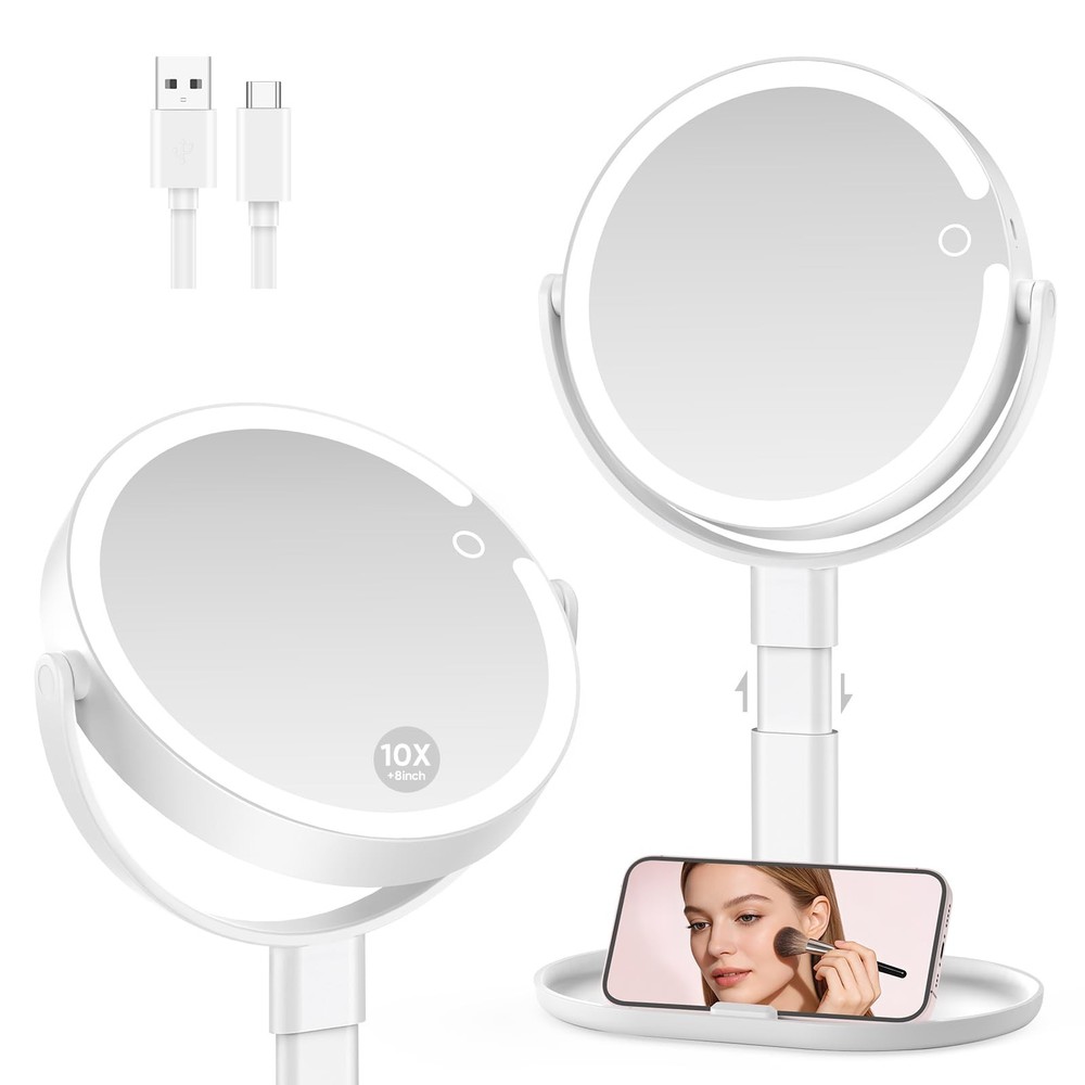 Lighted Makeup Mirror with 10X Magnification, Rechargeable LED Magnifying Van...