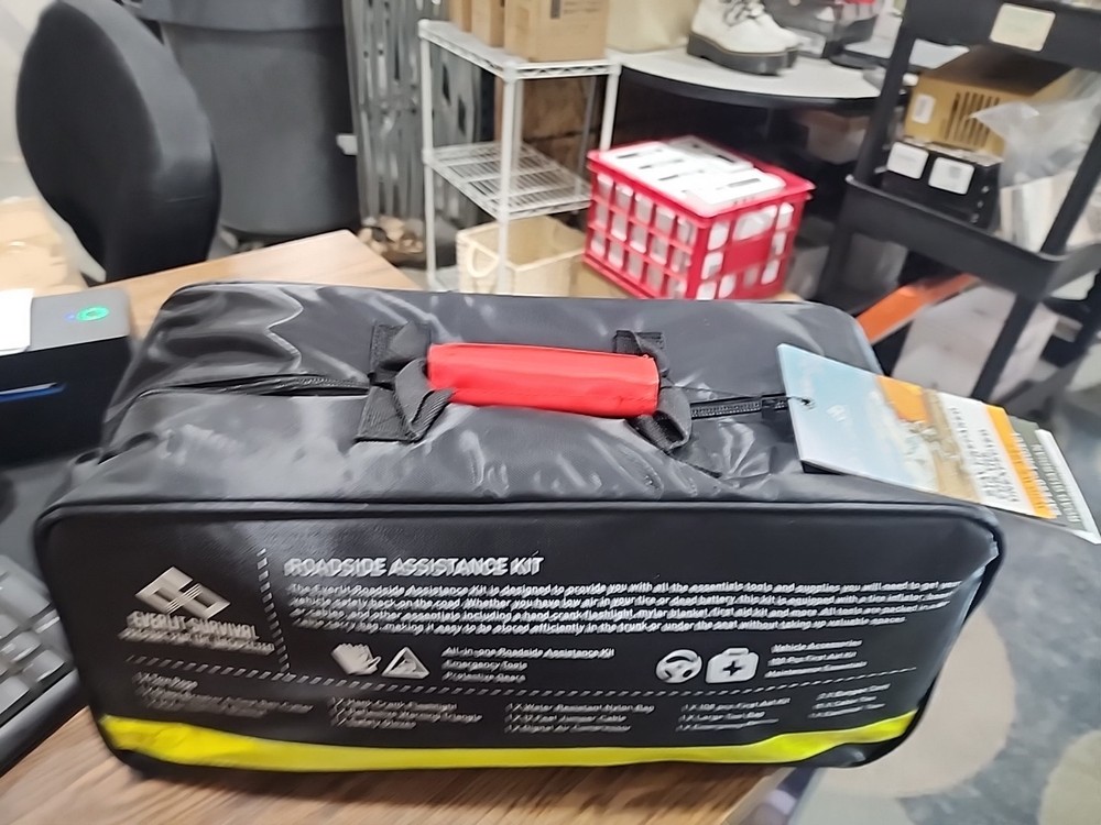 Roadside Safety Tool Kit with Digital Tire Inflator, Jumper Cables, First Aid