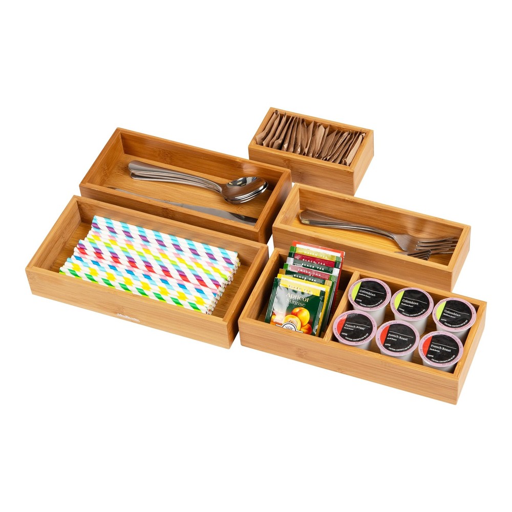 5-Piece Bamboo Drawer Organizer Set, Stackable Storage Trays for Kitchen, Bat...