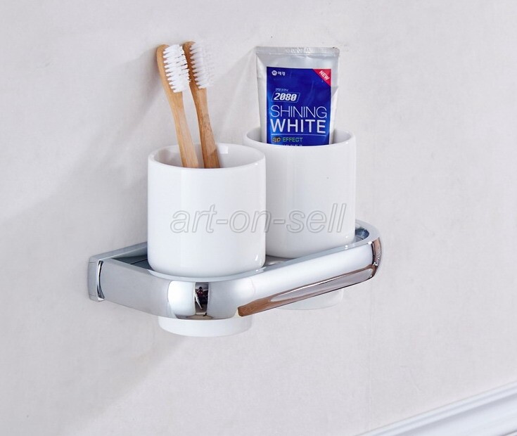 Polished Chrome Toothbrush Holder Double Ceramic Cups Holder Wall Mounted aba836