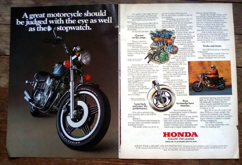1981 Honda CB750 Custom Motorcycle 2-page print ad