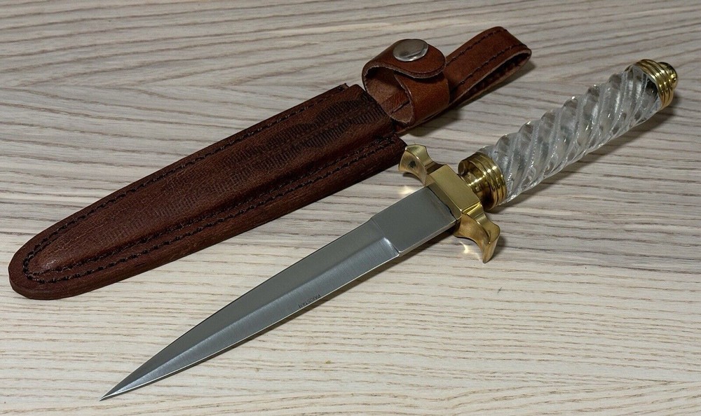 11” Boot Knife Ice Dagger Spear Tip Double Edge Brass Crystal Handle Leather